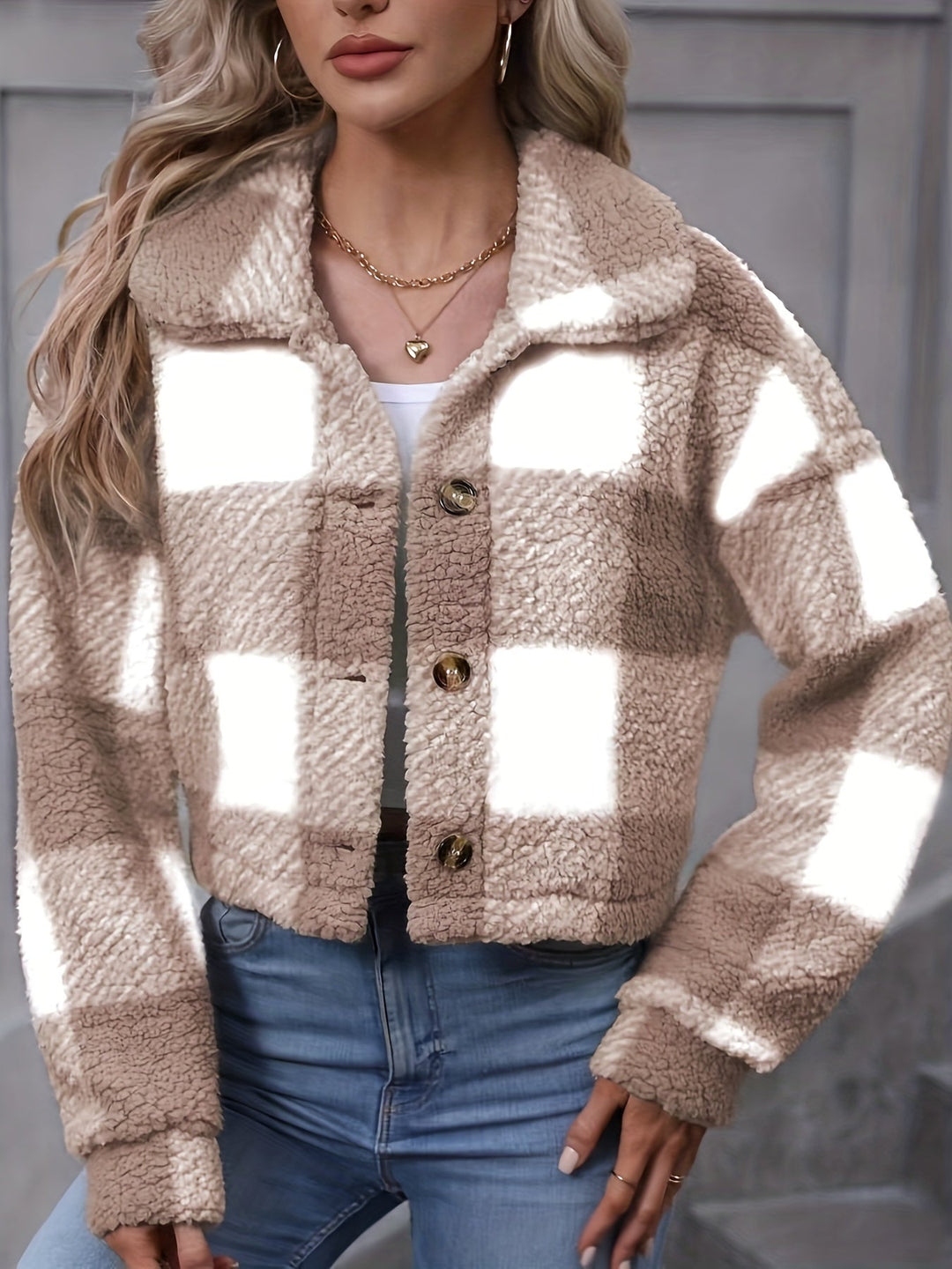 Sorvienne Relaxed Cropped Check Borg Jacket in Taupe