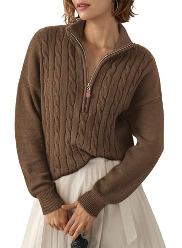 Sorvienne Relaxed Cable Knit Quarter Zip Jumper in Brown