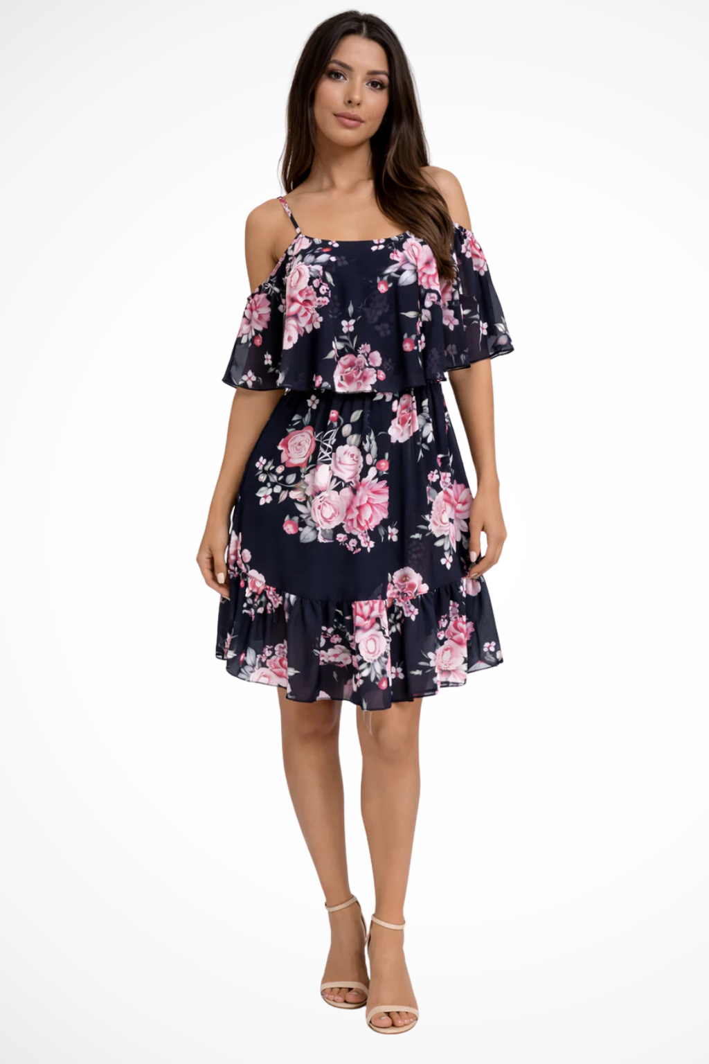 Sorvienne Women's Off Shoulder Floral Mini Dress in Black