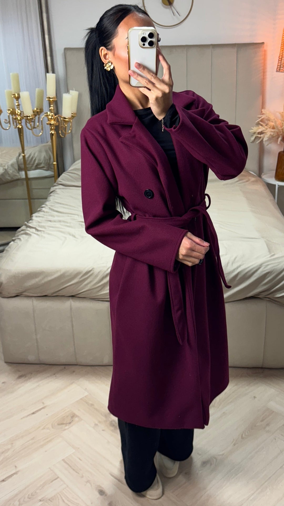 Sorvienne Relaxed Double Breasted Belted Longline Coat in Burgundy