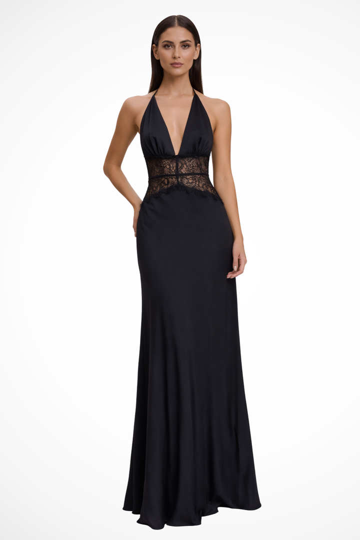 Sorvienne Women's Backless Halter Neck Maxi Dress in Black