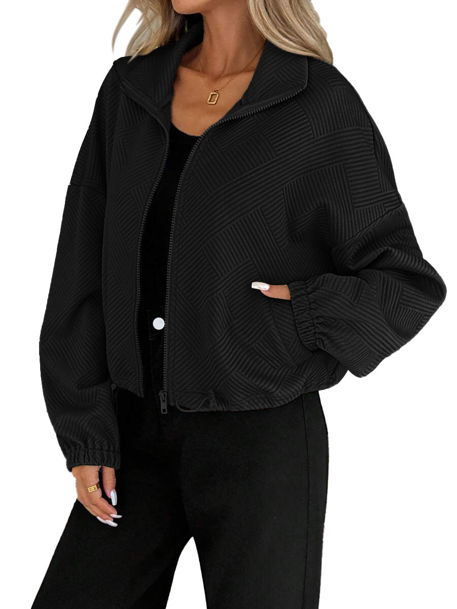 Sorvienne Relaxed Textured Funnel Neck Jacket in Black