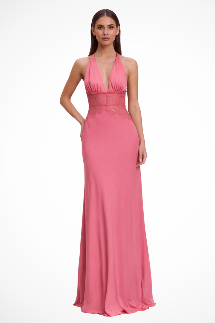 Sorvienne Women's Backless Halter Neck Maxi Dress in Pink