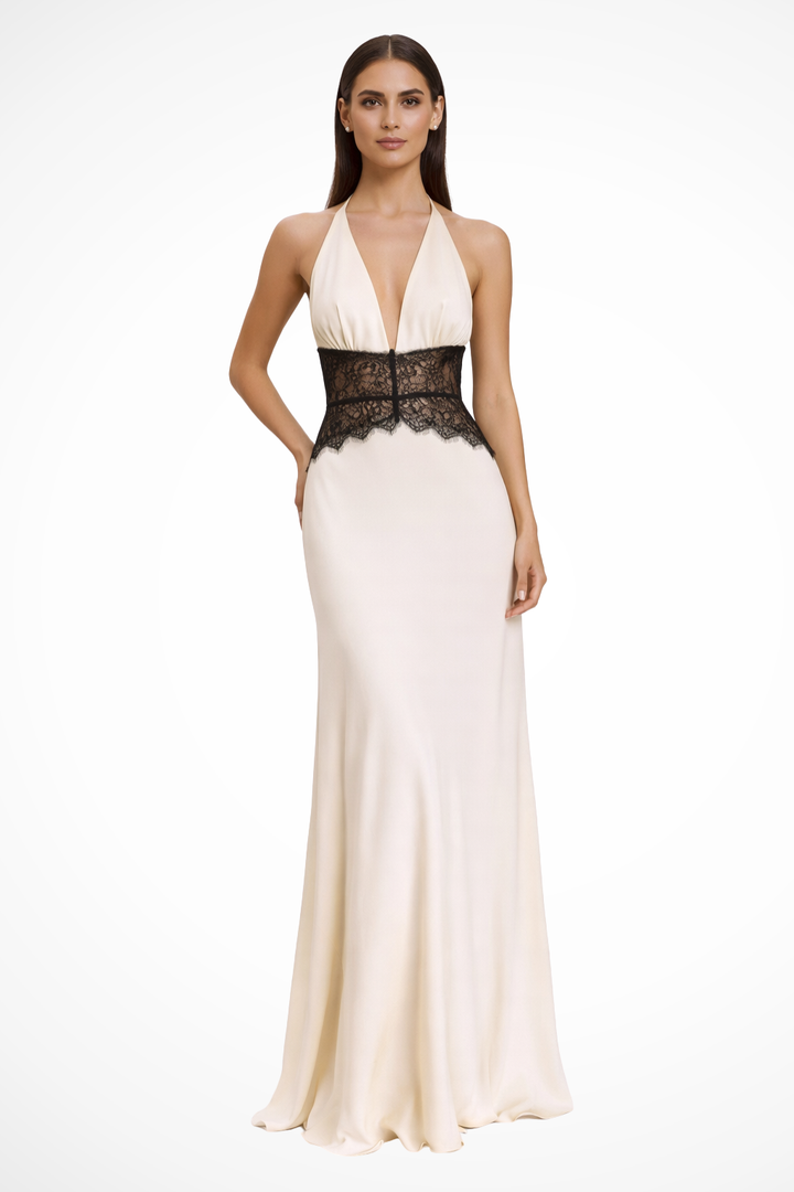 Sorvienne Women's Backless Halter Neck Maxi Dress in White