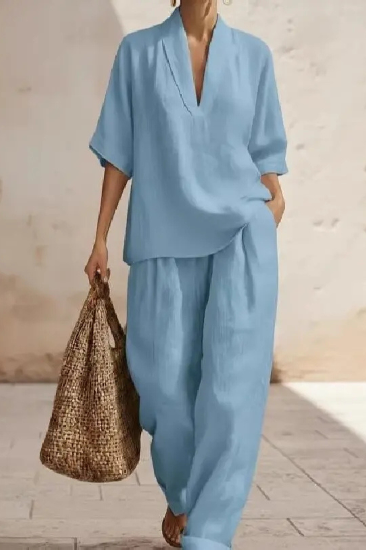 Sorvienne Women's Linen Wide Leg Co-Ord Set