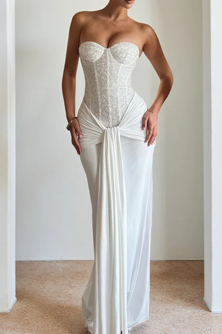 Sorvienne Women's Lace Corset Strapless Draped Maxi Dress