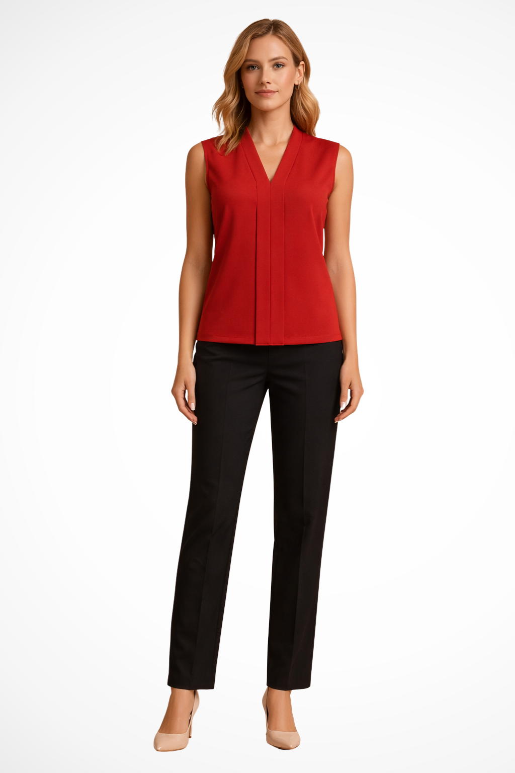 Sorvienne Women's Sleeveless V Neck Blouse in Red