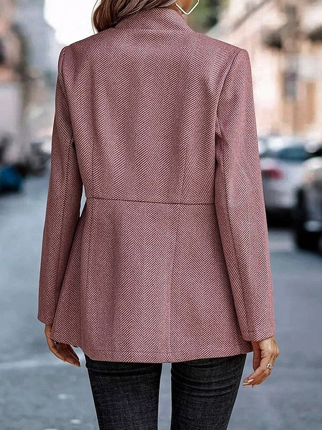 Sorvienne Tailored Open Front Collarless Blazer in Mauve