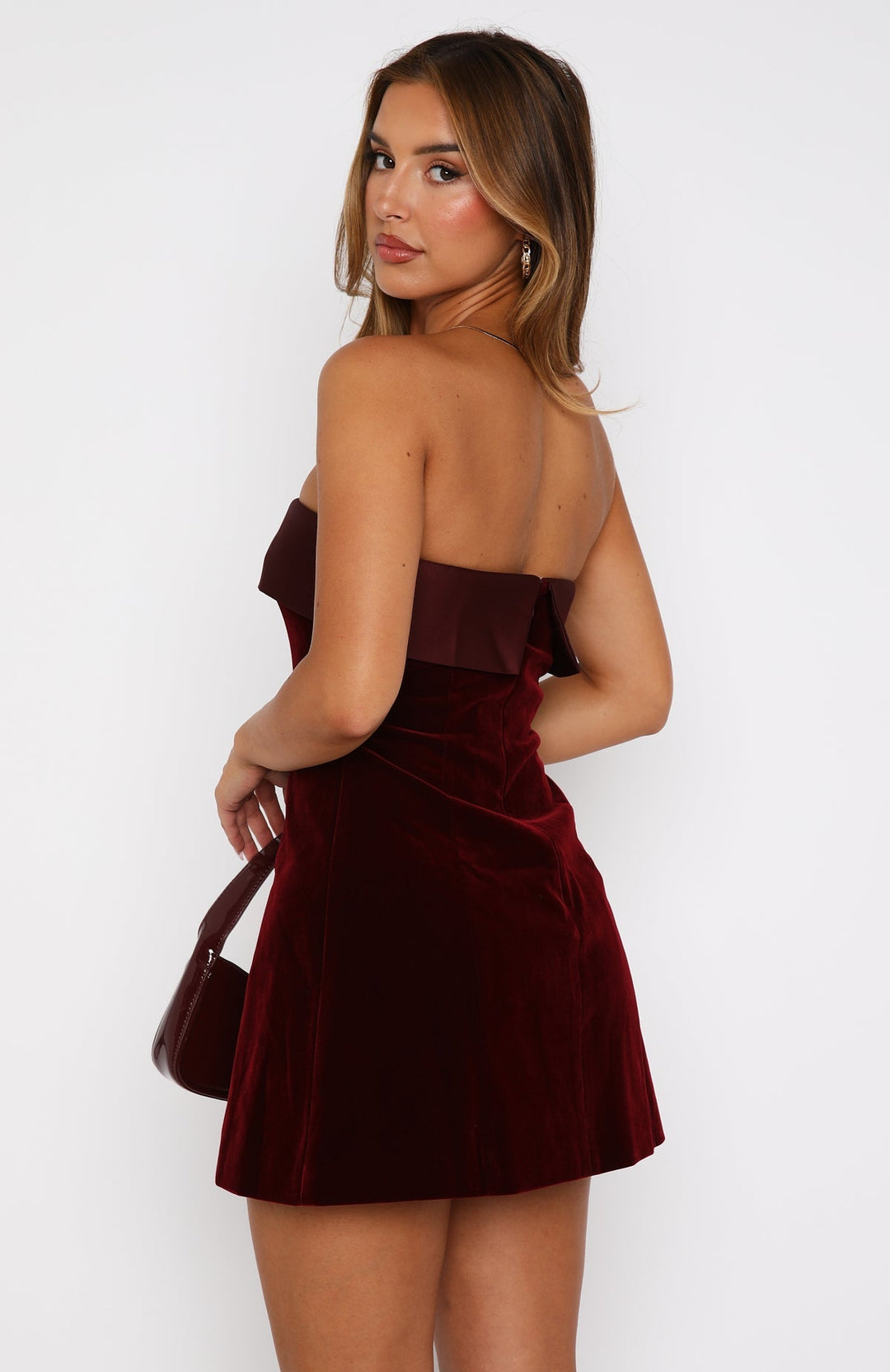 Sorvienne Tailored Satin Trim Velvet Strapless Mini Dress in Burgundy