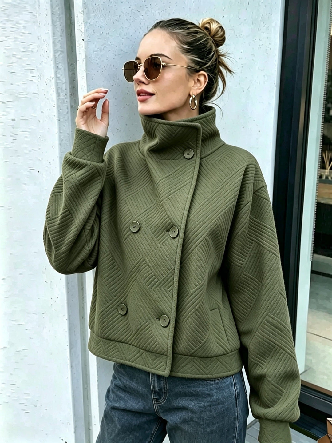 Sorvienne Textured Double Breasted Funnel Neck Jacket in Olive