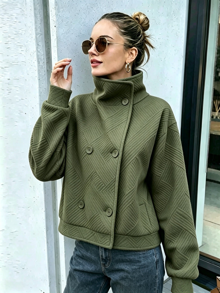 Sorvienne Textured Double Breasted Funnel Neck Jacket in Olive