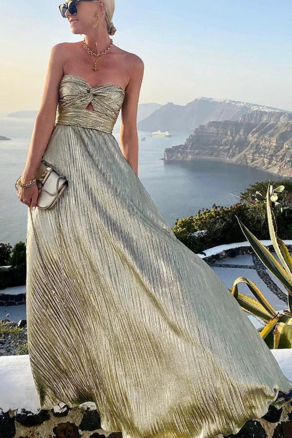 Sorvienne Strapless Twist Front Pleated Maxi Dress