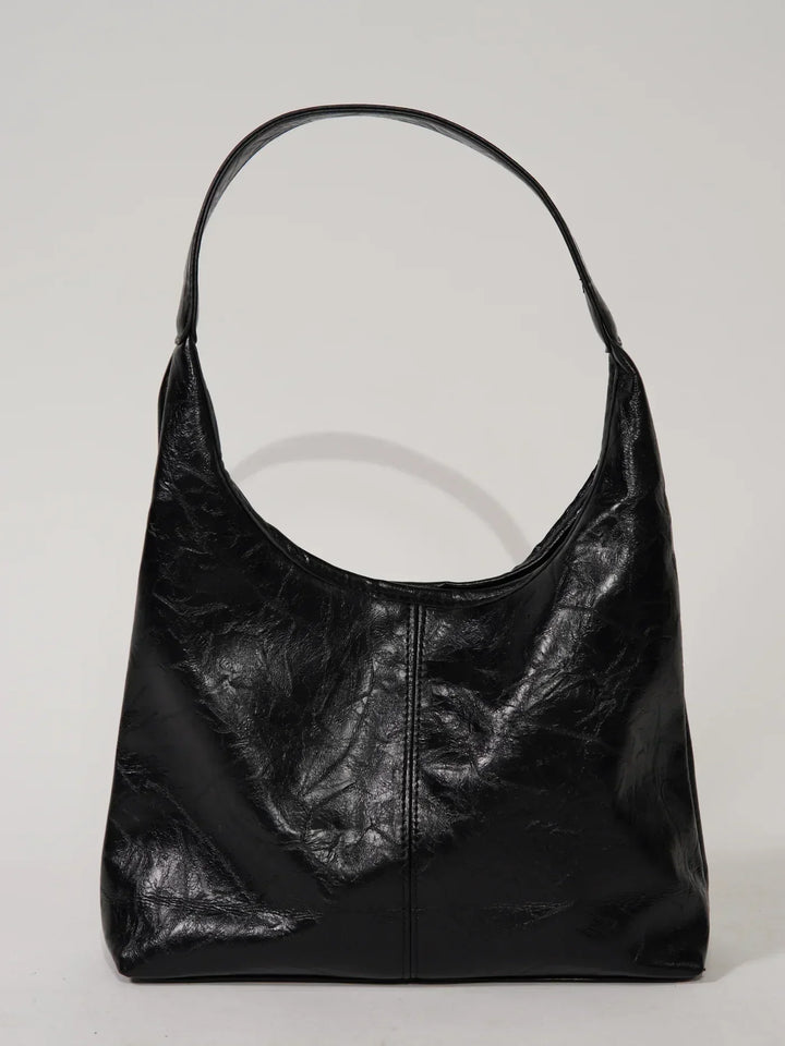 Sorvienne Slouchy Glossy Faux Leather Shoulder Bag in Black
