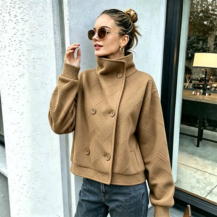 Sorvienne Textured Double Breasted Funnel Neck Jacket in Camel
