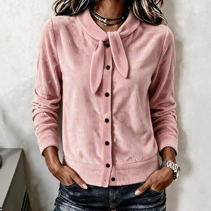 Sorvienne Slim Ribbed Tie Neck Cardigan in Pink