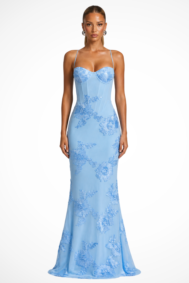 Blue Women's Floral Embroidered Corset Maxi Dress – Sorvienne