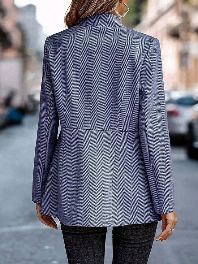 Sorvienne Tailored Open Front Collarless Blazer in Blue