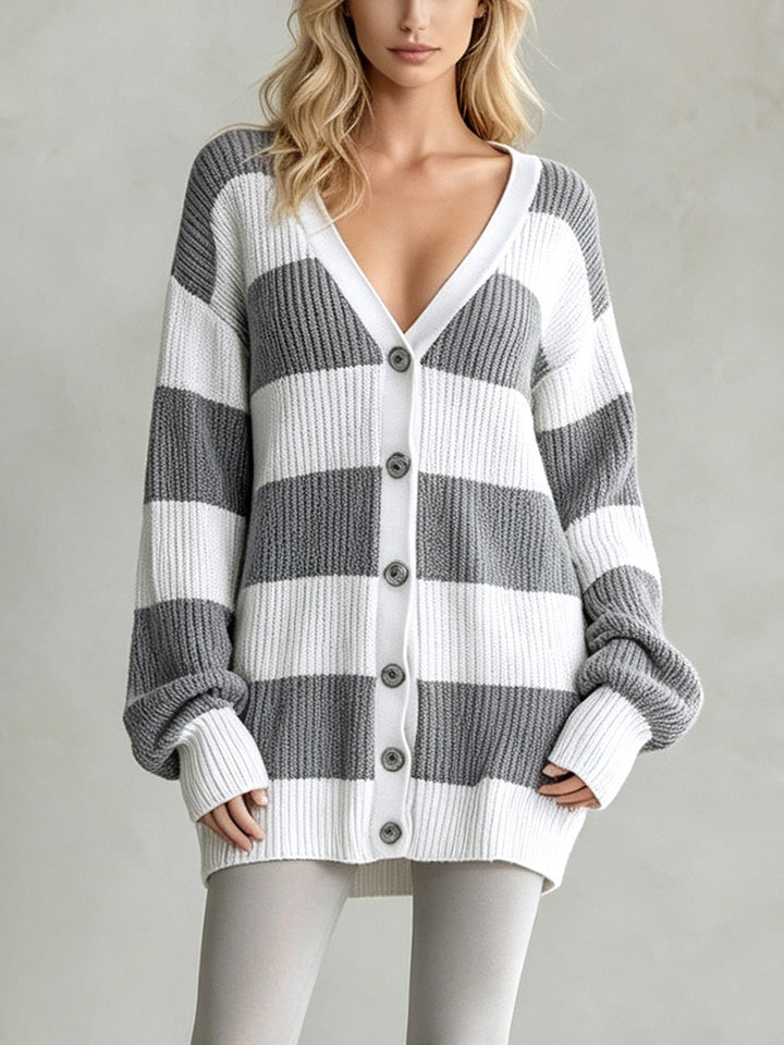 Sorvienne Oversized Button Front Striped Cardigan in Grey Stripe