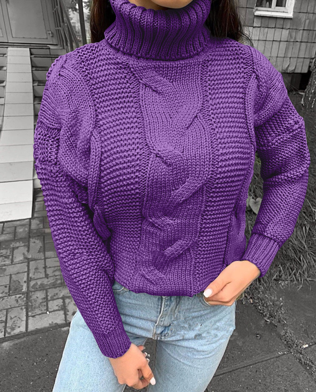 Sorvienne Relaxed Chunky Cable Knit Roll Neck Jumper in Purple