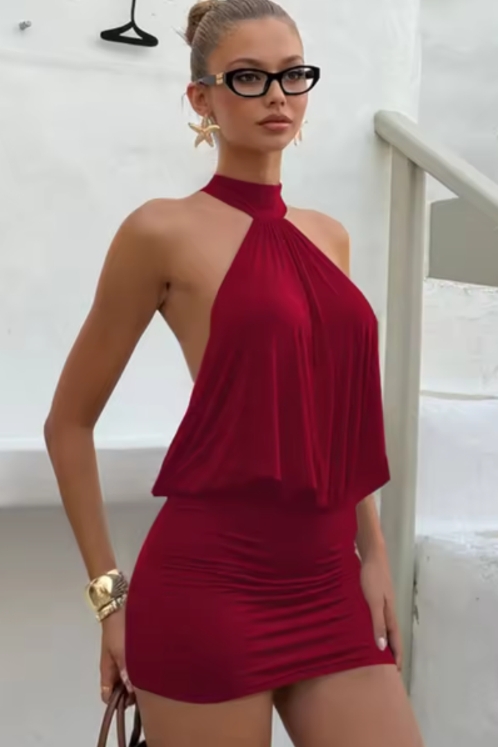 Sorvienne Women's Halter Neck Backless Mini Dress