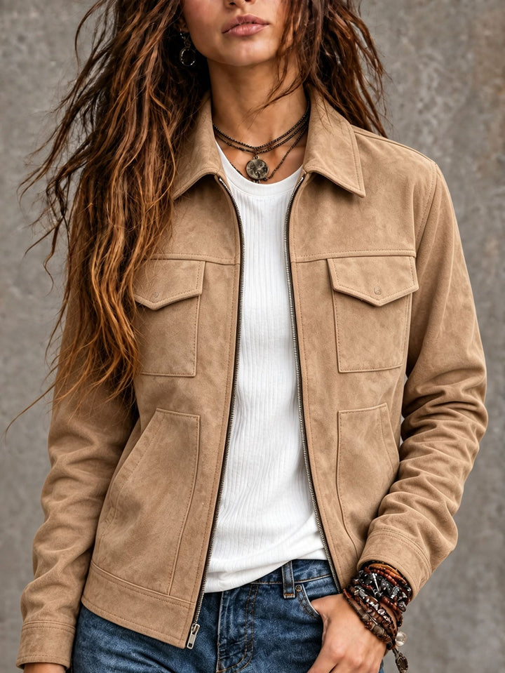 Sorvienne Relaxed Zip Front Suede Effect Jacket in Beige