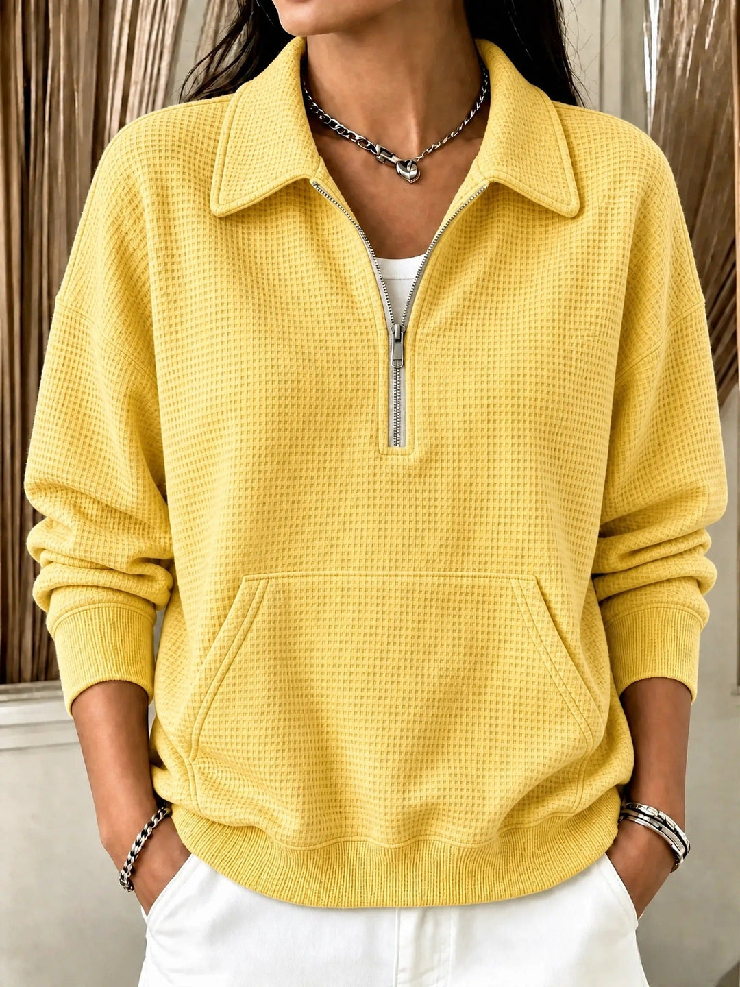 Sorvienne Relaxed Waffle Collared Half Zip Sweatshirt in Yellow