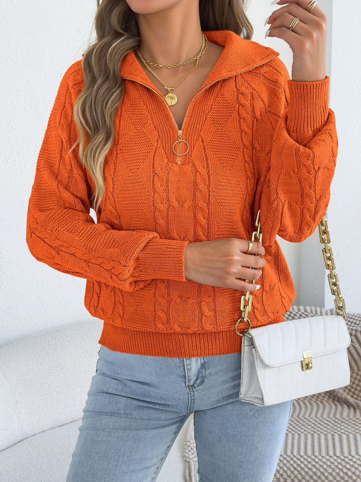 Sorvienne Relaxed Collared Cable Knit Half Zip Jumper in Orange