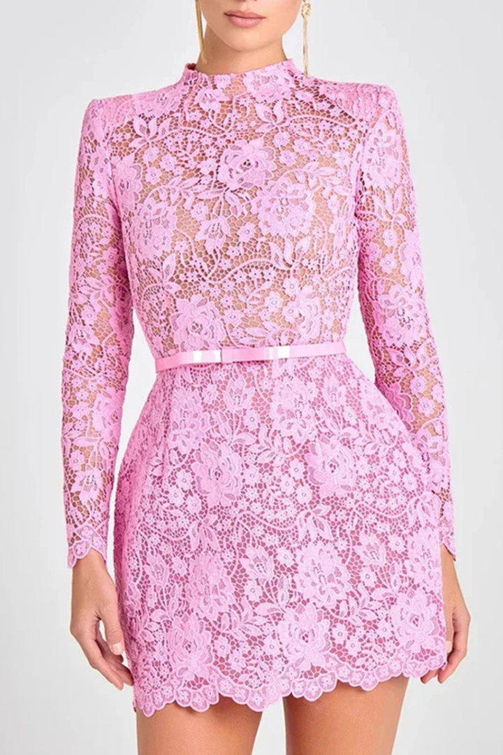 Sorvienne Women's High Neck Lace Mini Dress with Belt