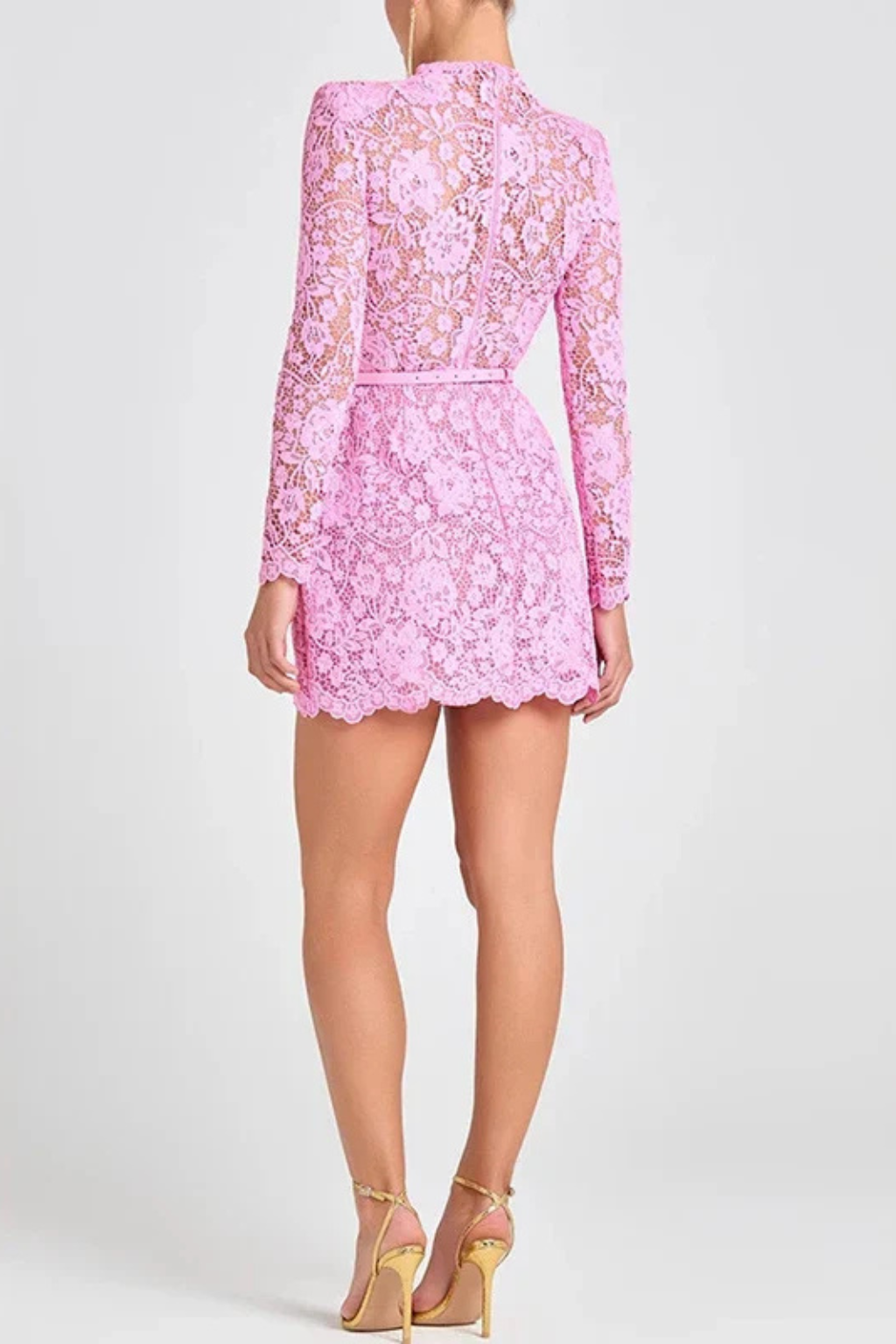 Sorvienne Women's High Neck Lace Mini Dress with Belt