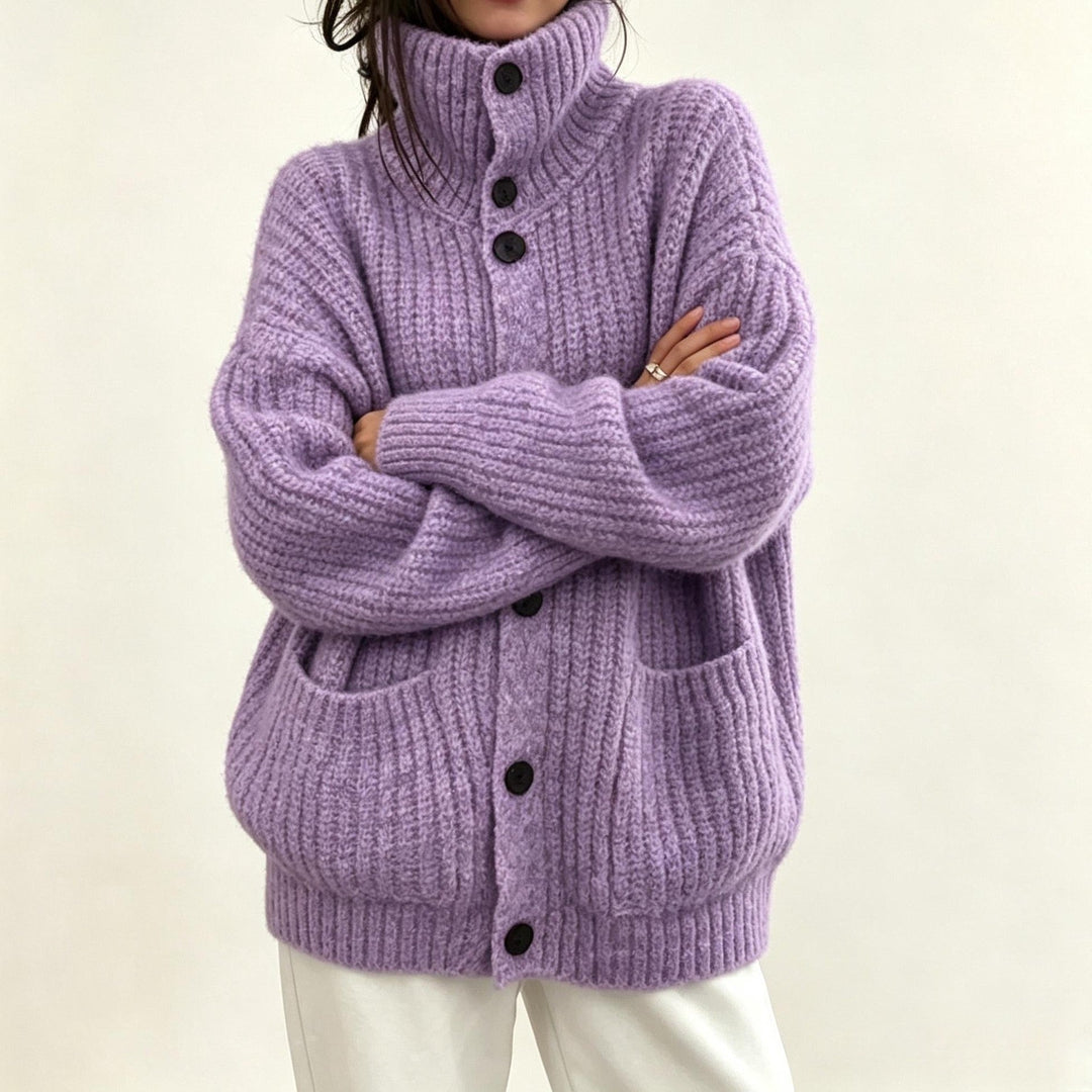 Sorvienne Oversized Chunky Rib Funnel Neck Cardigan in Lilac