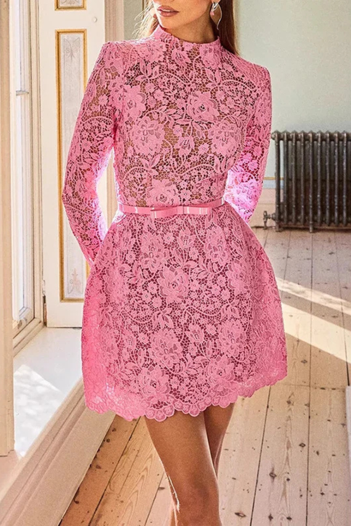 Sorvienne Women's High Neck Lace Mini Dress with Belt