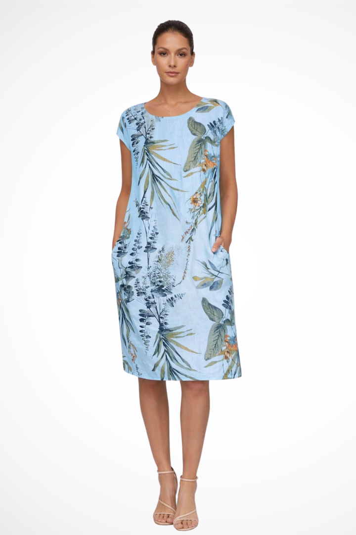 Sorvienne Women's Relaxed Botanical Print Midi Dress in Light Blue