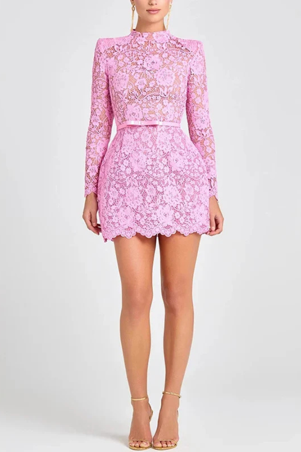 Sorvienne Women's High Neck Lace Mini Dress with Belt