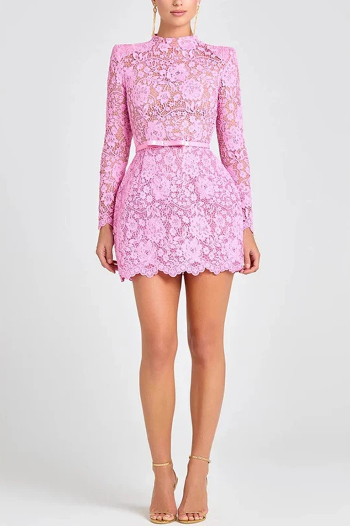 Sorvienne Women's High Neck Lace Mini Dress with Belt