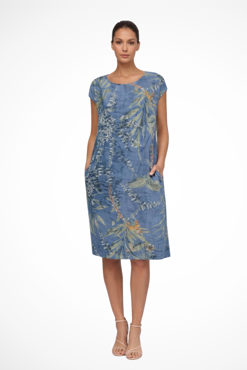 Sorvienne Women's Relaxed Botanical Print Midi Dress in Blue