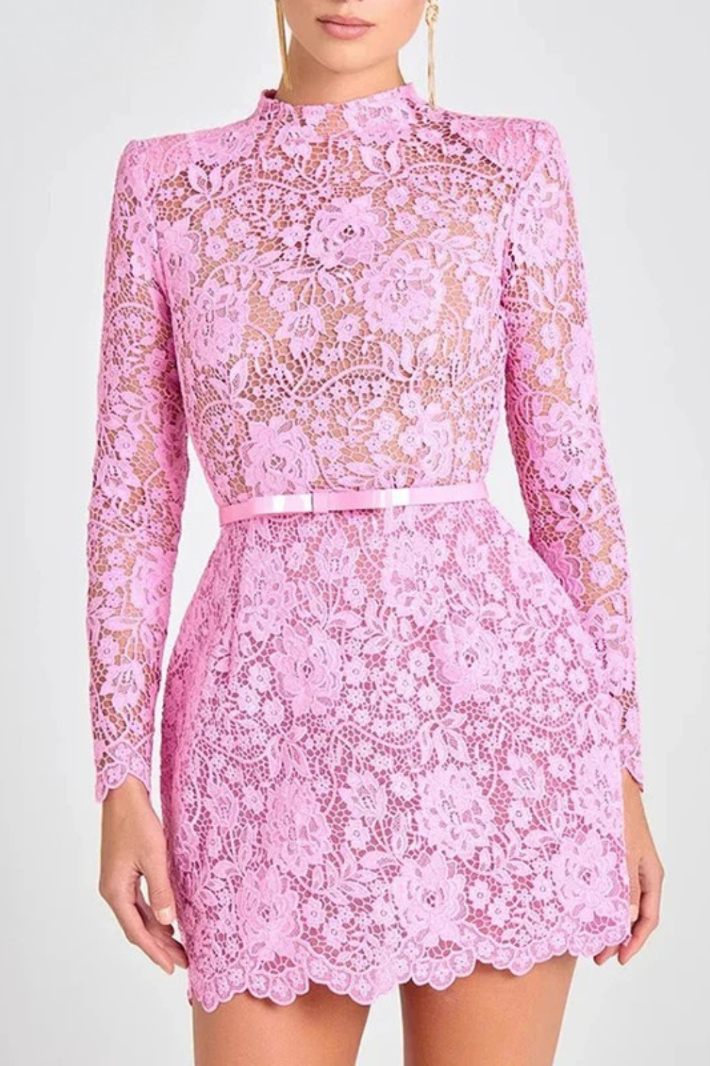 Sorvienne Women's High Neck Lace Mini Dress with Belt