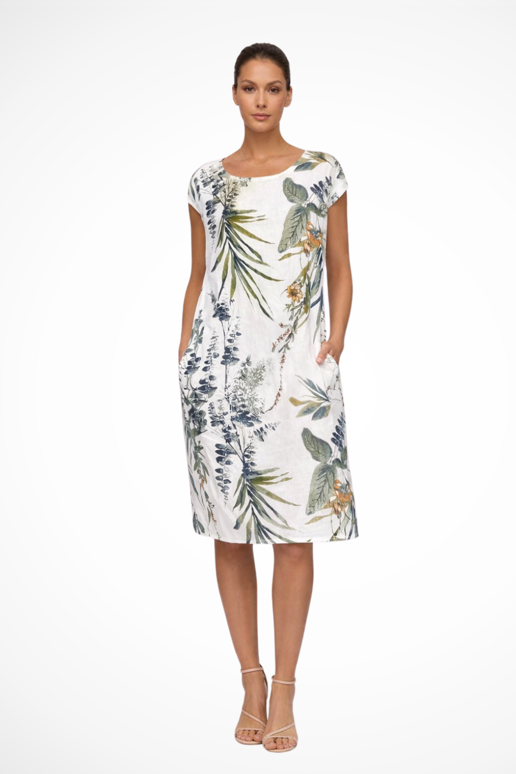 Sorvienne Women's Relaxed Botanical Print Midi Dress in White
