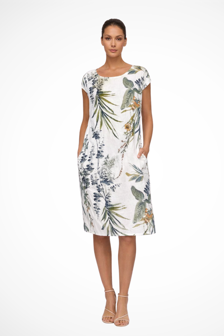 Sorvienne Women's Relaxed Botanical Print Midi Dress in White