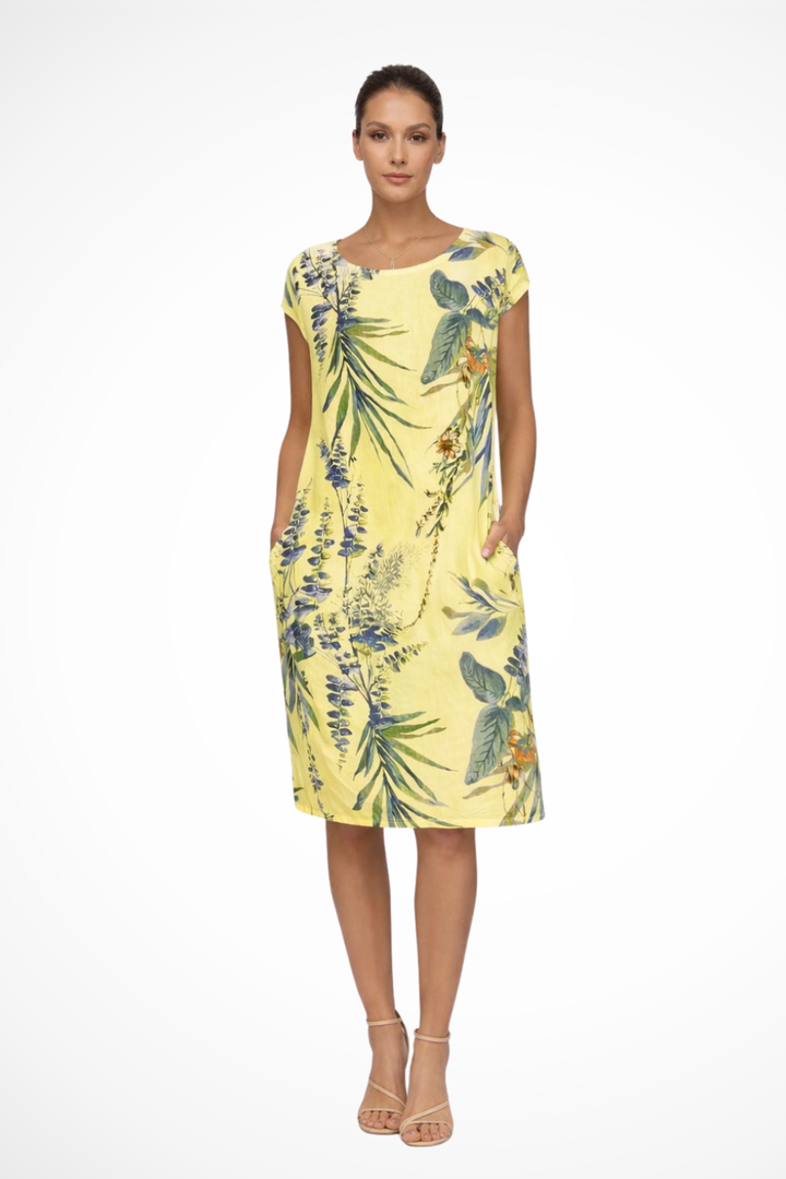 Sorvienne Women's Relaxed Botanical Print Midi Dress in Yellow