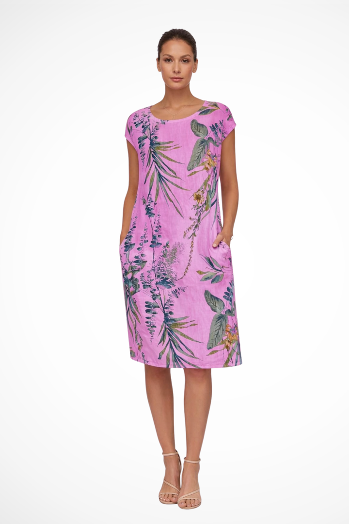 Sorvienne Women's Relaxed Botanical Print Midi Dress in Purple