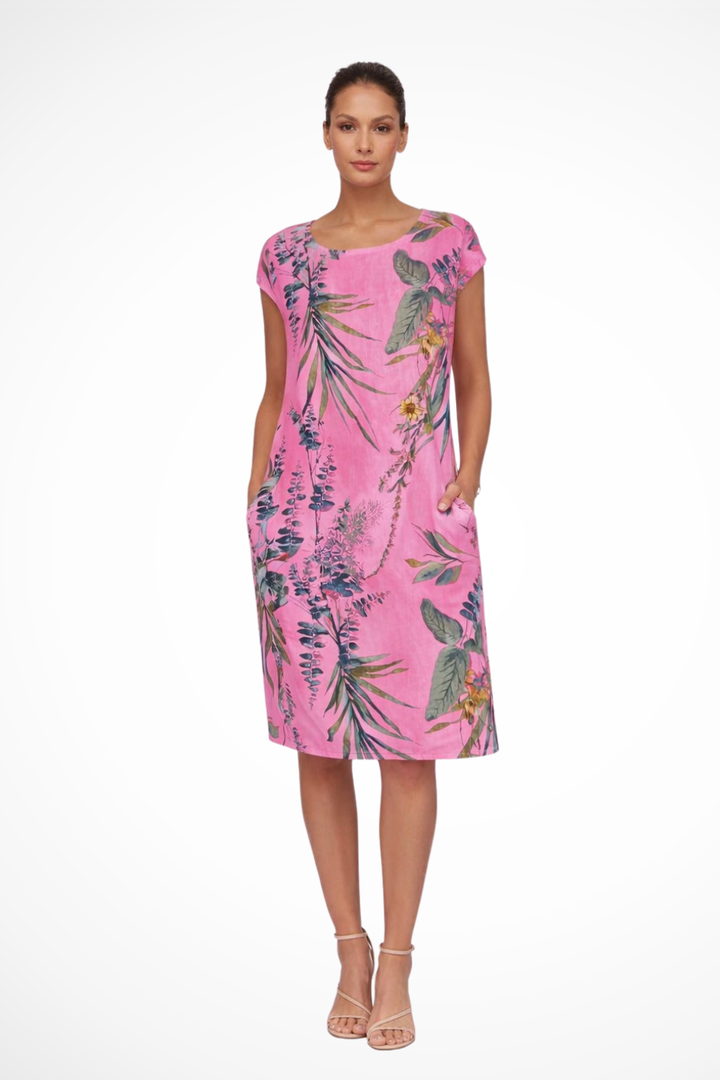 Sorvienne Women's Relaxed Botanical Print Midi Dress in Pink