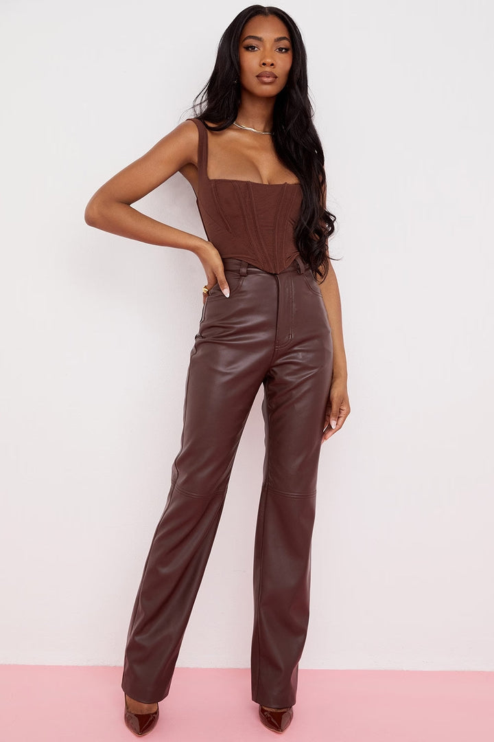 Sorvienne High Waist Straight Leg Faux Leather Trousers