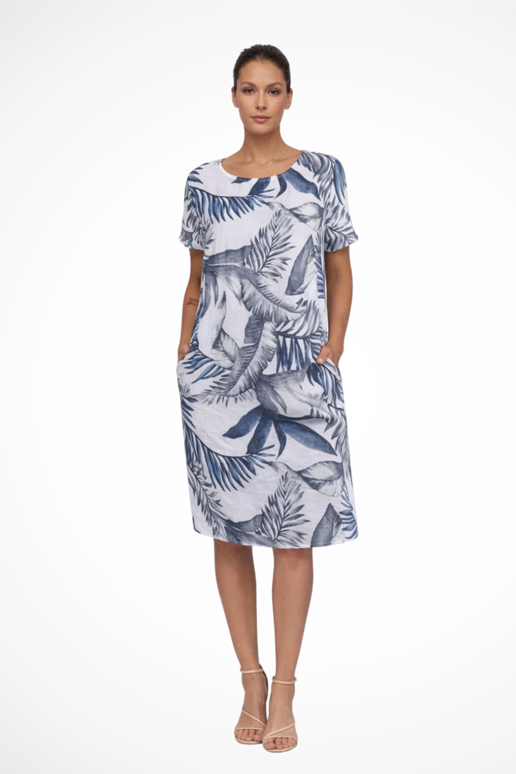 Sorvienne Women's Relaxed Botanical Print Midi Dress in White Blue