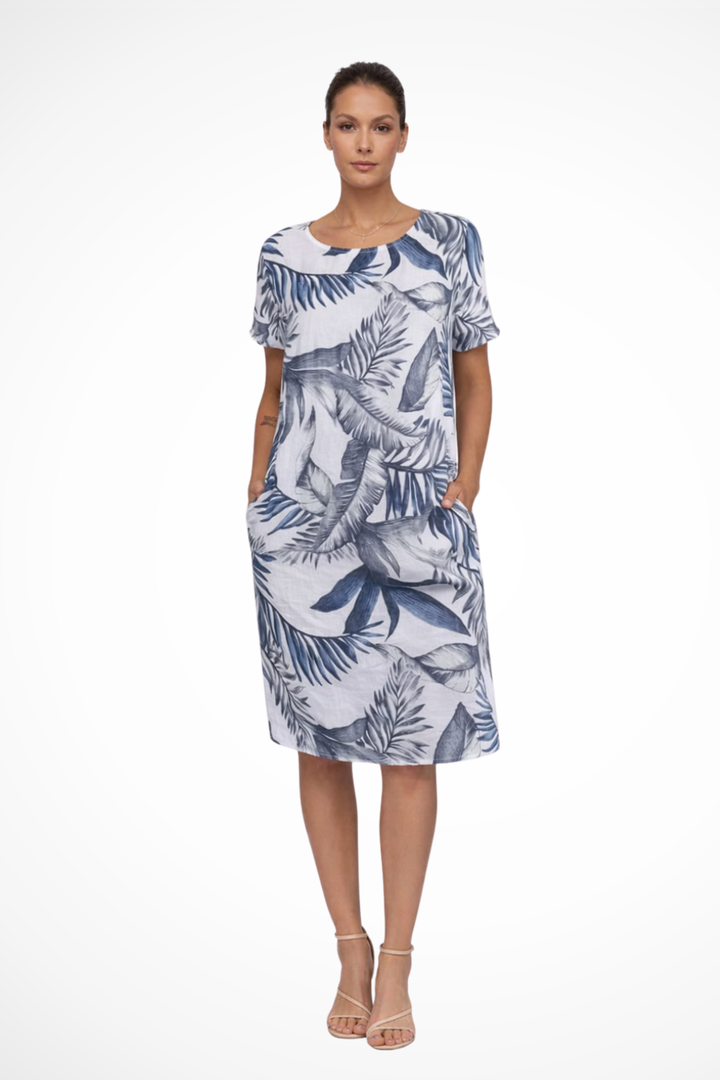 Sorvienne Women's Relaxed Botanical Print Midi Dress in White Blue