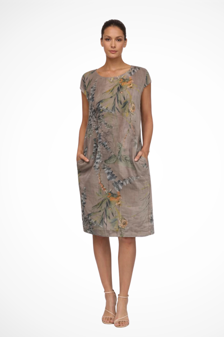 Sorvienne Women's Relaxed Botanical Print Midi Dress in Brown