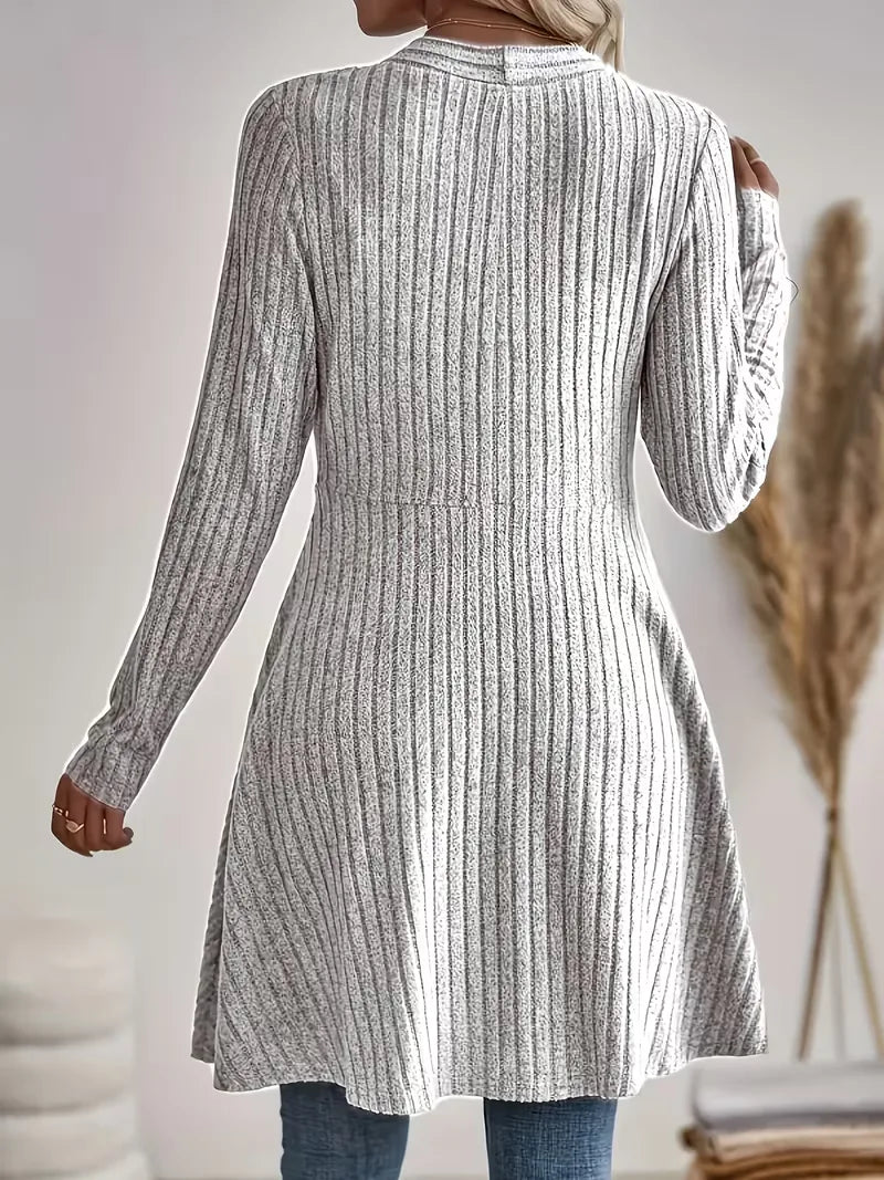 Sorvienne Ribbed Edge to Edge Longline Cardigan in Light Grey