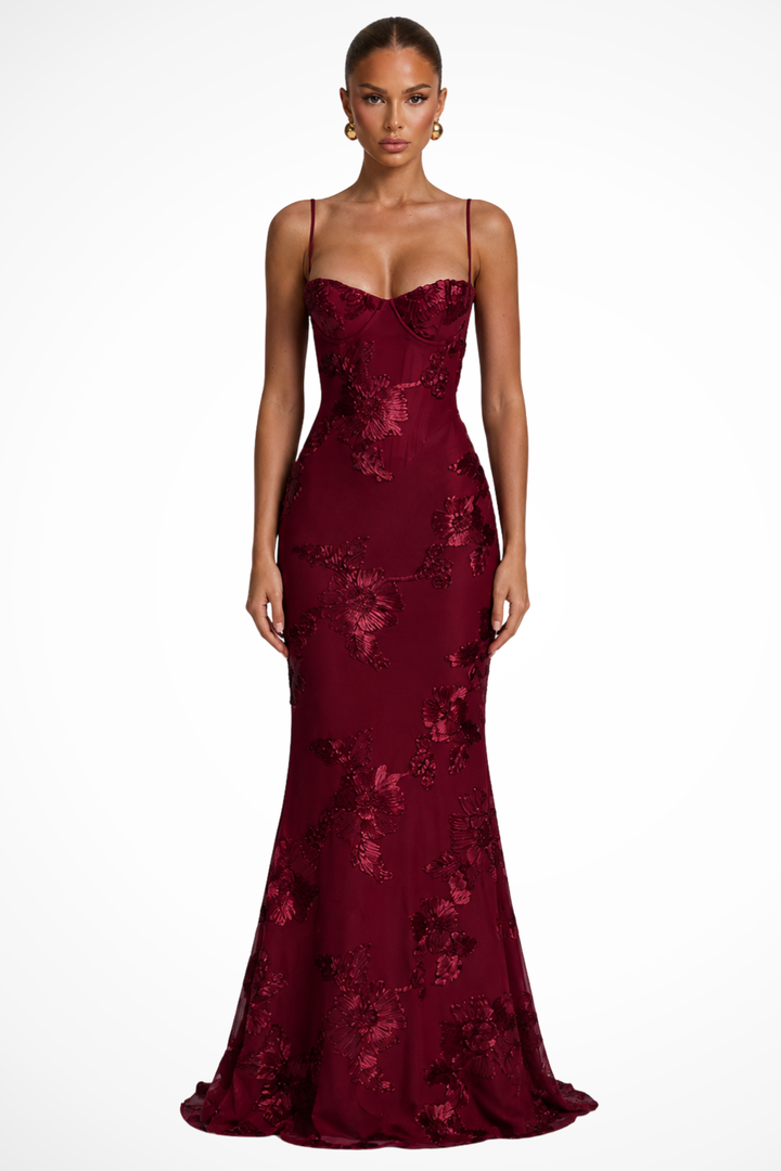 Burgundy Women's Floral Embroidered Corset Maxi Dress – Sorvienne