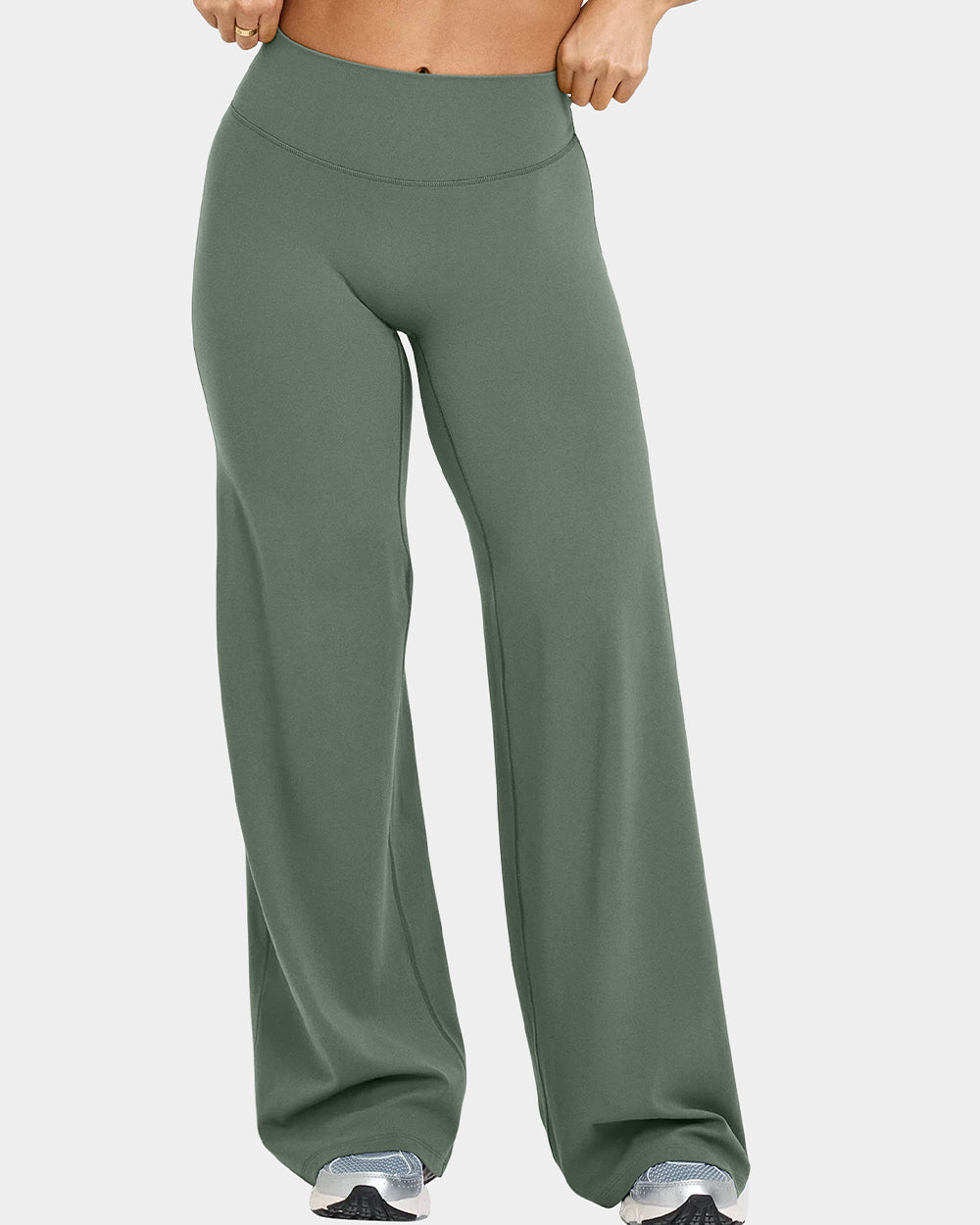 Sorvienne Relaxed High Waisted Flared Leggings in Olive