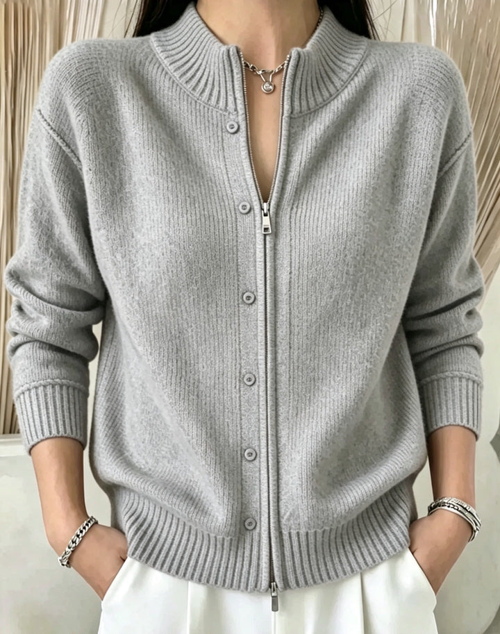 Sorvienne Mock Neck Zip Through Cardigan in Light Grey