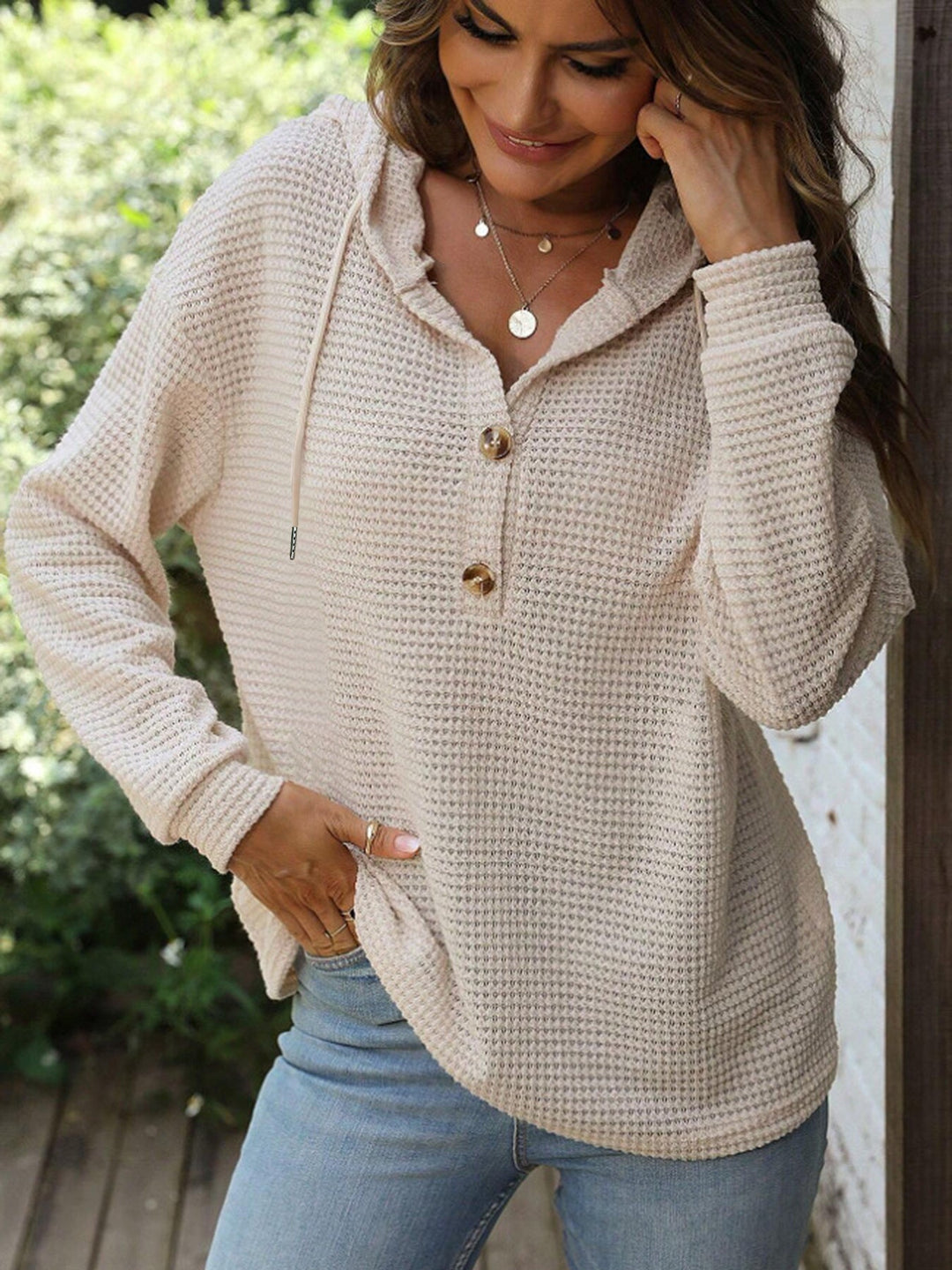 Sorvienne Relaxed Button Neck Waffle Knit Hoodie in Oatmeal